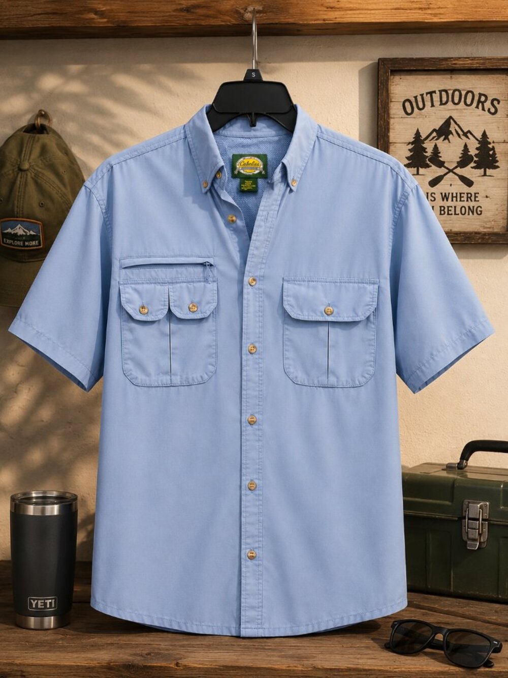 Cabelas Outdoor Mens Fishing Shirt Sky Blue Sz Med